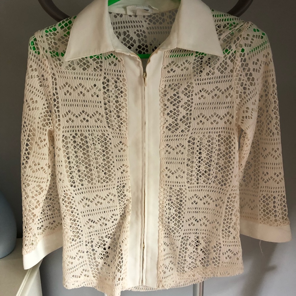 Cream Crochet Zip-Front Women's Top with Collar